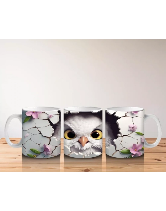 Mor Çiçekler Arasında Bakan Sarı Gözlü Baykuş – Baskılı Kahve Kupası