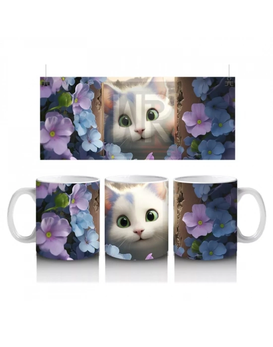 Mor Çiçekler Arasında Parlayan Yeşil Gözlü Beyaz Kedi Kupa