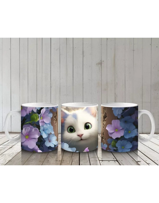 Mor Çiçekler Arasında Parlayan Yeşil Gözlü Beyaz Kedi Kupa