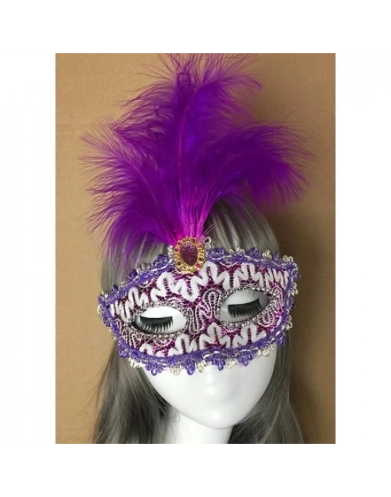 Mor Dantel İşlemeli Mor Tüylü Balo Parti Maskesi