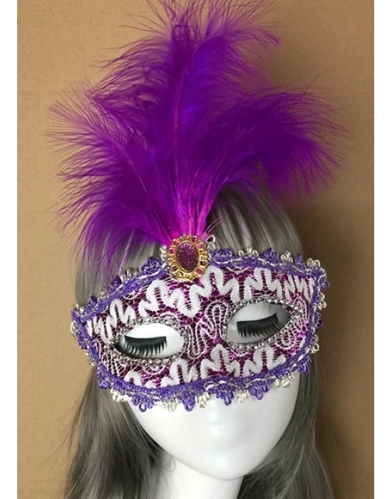 Mor Dantel İşlemeli Mor Tüylü Balo Parti Maskesi 17x20 Cm