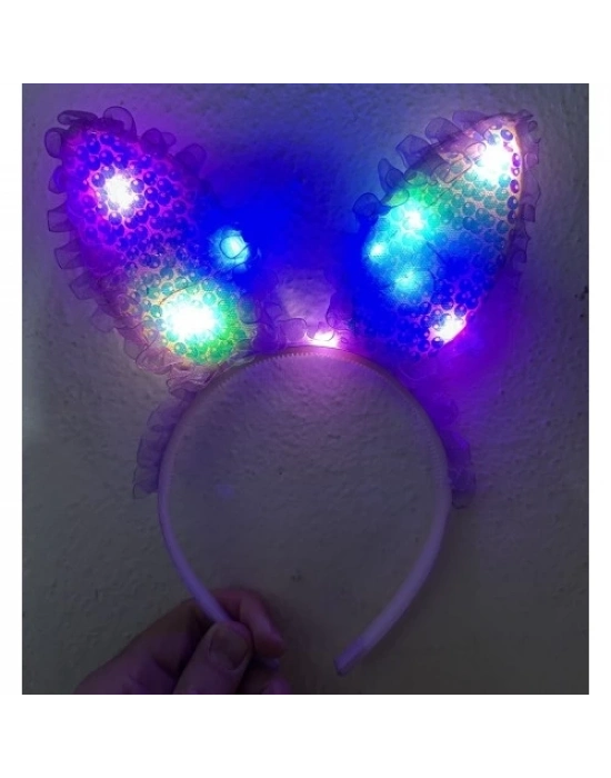 Mor Dantelli Pullu Işıklı Tavşan Kulak Taç