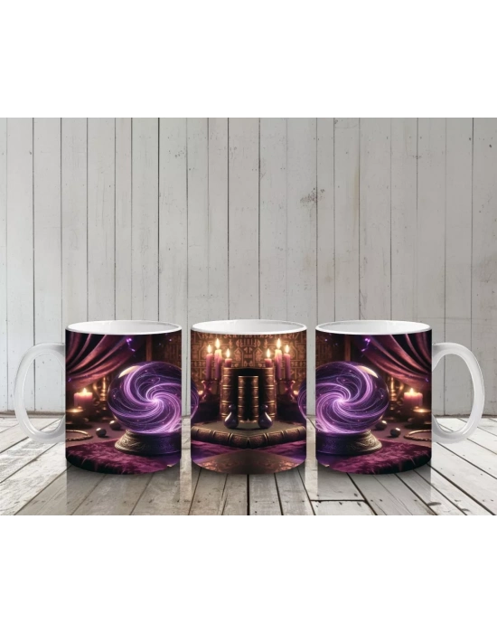 Mor Işıklarla Aydınlatılmış Büyü Masası Temalı Cadılar Bayramı Baskılı Kupa