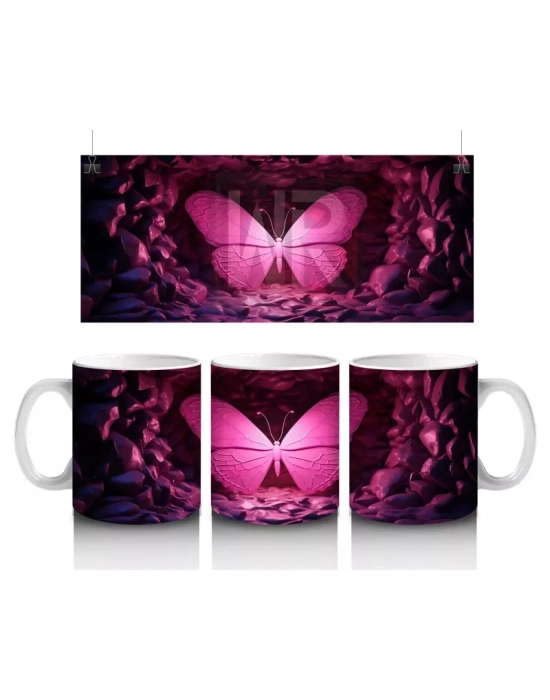 Mor Işıklarla Aydınlatılmış Pembe Kelebek – Baskılı Kahve Kupası