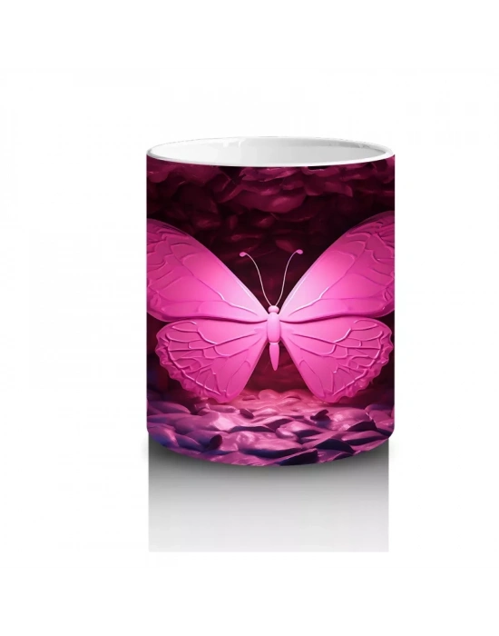 Mor Işıklarla Aydınlatılmış Pembe Kelebek – Baskılı Kahve Kupası