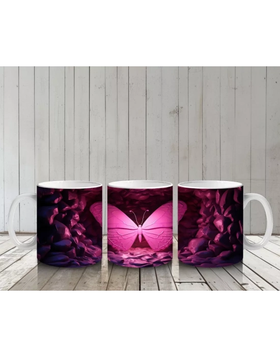 Mor Işıklarla Aydınlatılmış Pembe Kelebek – Baskılı Kahve Kupası