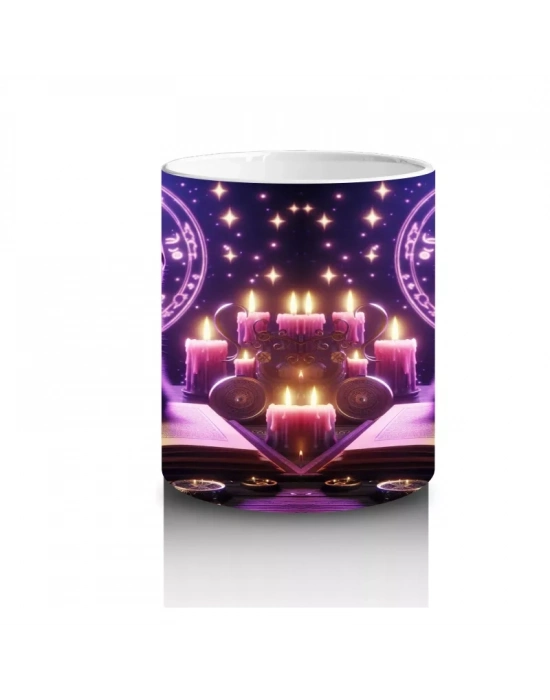Mor Işıklı Büyü Sahnesinde Kitap Okuyan Cadı Figürlü Cadılar Bayramı Baskılı Kupa Bardak