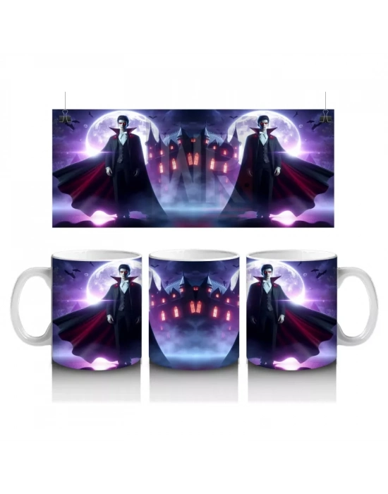 Mor Işıklı Korkunç Vampir Figürlü Cadılar Bayramı Baskılı Kupa