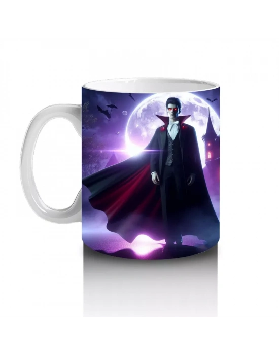 Mor Işıklı Korkunç Vampir Figürlü Cadılar Bayramı Baskılı Kupa