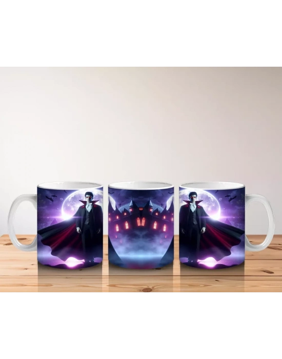 Mor Işıklı Korkunç Vampir Figürlü Cadılar Bayramı Baskılı Kupa