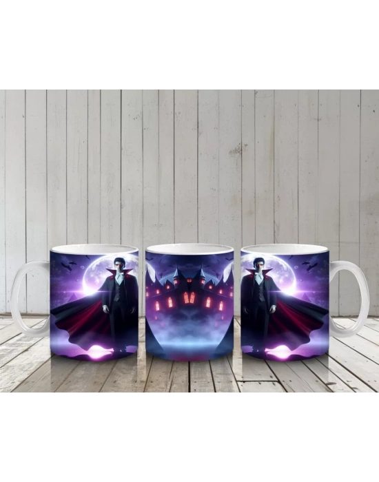 Mor Işıklı Korkunç Vampir Figürlü Cadılar Bayramı Baskılı Kupa