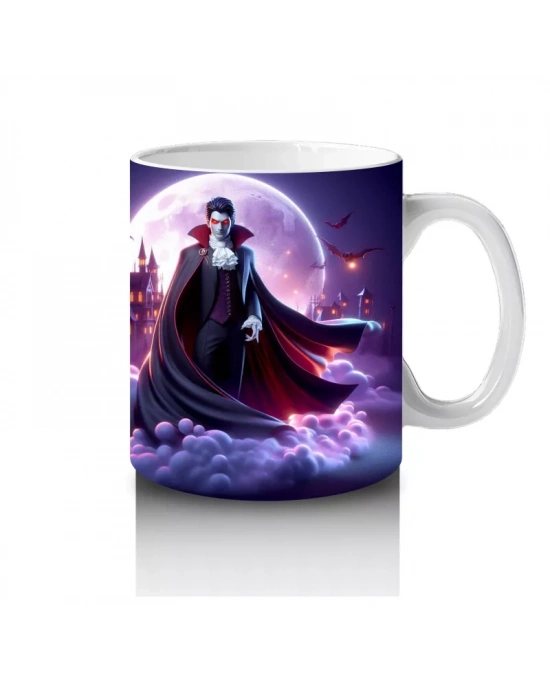 Mor Işıklı Sahne Üzerinde Kırmızı Pelerinli Vampir Figürlü Cadılar Bayramı Baskılı Kupa Bardak