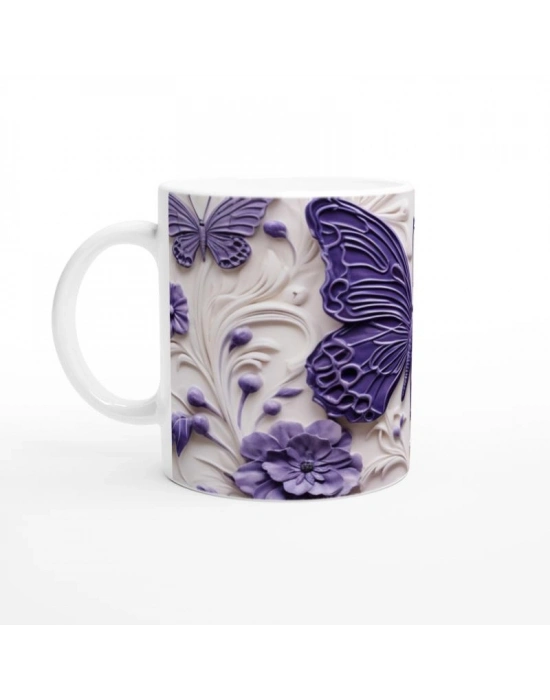 Mor Kabartma Desenli Sanatsal Kelebek Baskılı Kupa Bardak