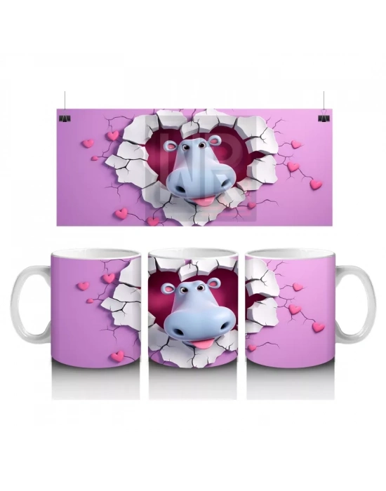 Mor Kalpli Çatlaktan Bakan Sevimli Su Aygırı – Baskılı Kahve Kupası