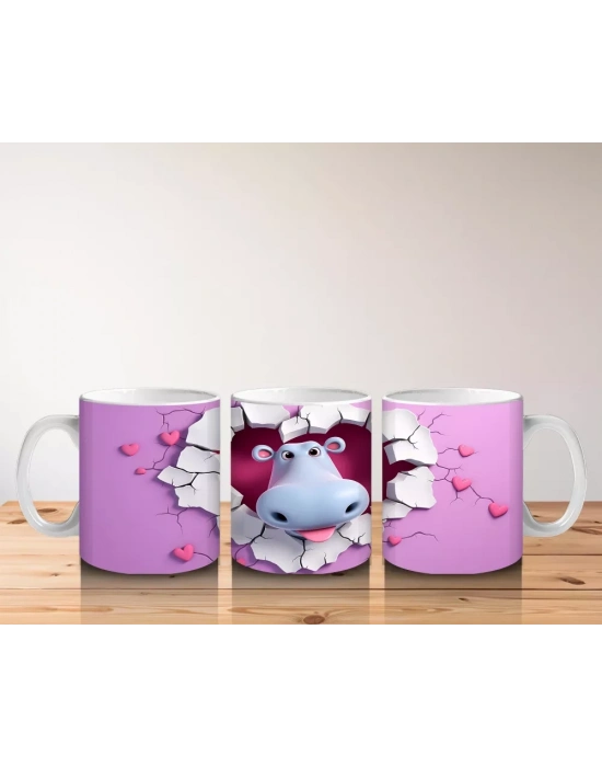 Mor Kalpli Çatlaktan Bakan Sevimli Su Aygırı – Baskılı Kahve Kupası