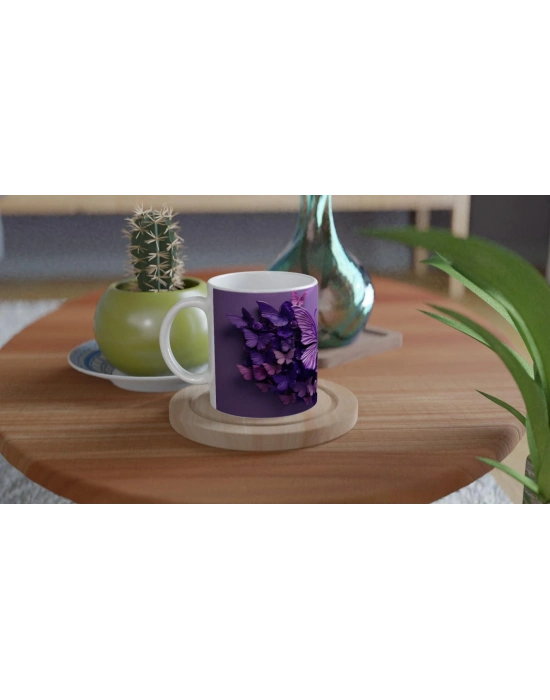 Mor Kelebekler ve Çiçekler Temalı Baskılı Kupa Bardak