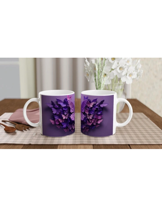 Mor Kelebekler ve Çiçekler Temalı Baskılı Kupa Bardak