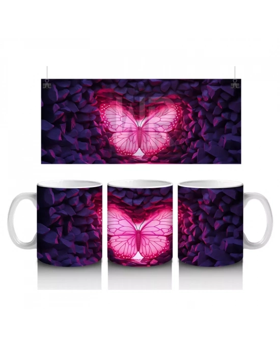 Mor Kristal Taşlar Arasında Parlayan Kelebek – Baskılı Kahve Kupası