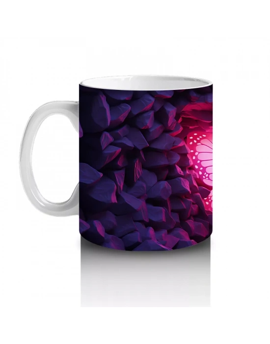 Mor Kristal Taşlar Arasında Parlayan Kelebek – Baskılı Kahve Kupası