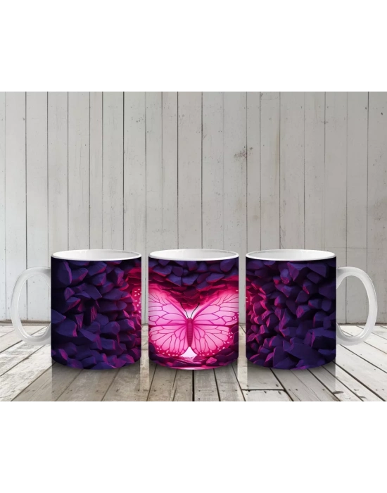 Mor Kristal Taşlar Arasında Parlayan Kelebek – Baskılı Kahve Kupası