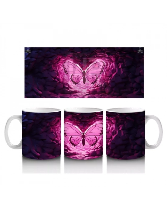 Mor Kristaller Arasında Parlayan Pembe Kelebek – Baskılı Kahve Kupası