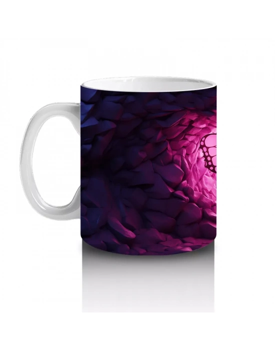 Mor Kristaller Arasında Parlayan Pembe Kelebek – Baskılı Kahve Kupası