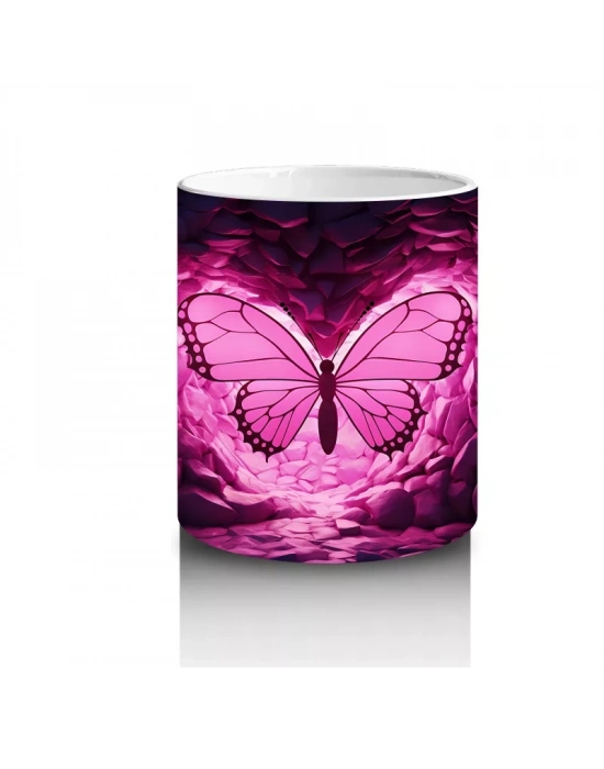 Mor Kristaller Arasında Parlayan Pembe Kelebek – Baskılı Kahve Kupası
