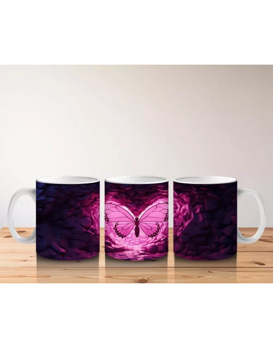 Mor Kristaller Arasında Parlayan Pembe Kelebek – Baskılı Kahve Kupası