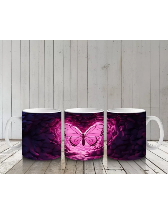 Mor Kristaller Arasında Parlayan Pembe Kelebek – Baskılı Kahve Kupası