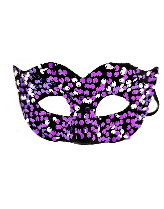 Mor Renk Arkadan Lastikli Pul Payet İşlemeli Balo After Parti Maskesi