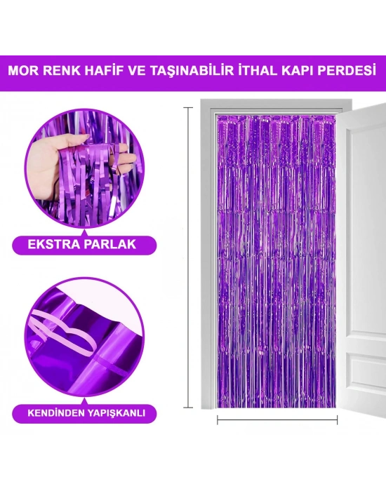 Mor Renk Ekstra Metalize Parlak Saçaklı Arka Fon Perde İthal A Kalite 1x2 Metre