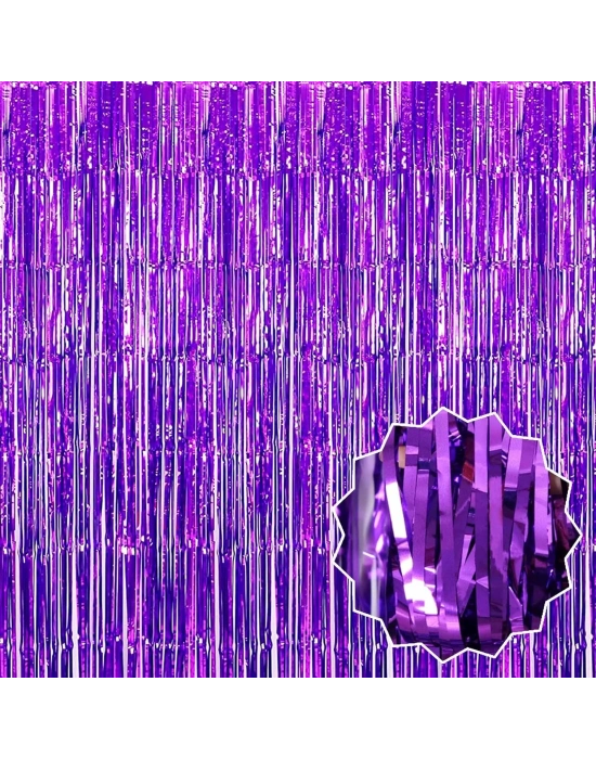 Mor Renk Ekstra Metalize Parlak Saçaklı Arka Fon Perde İthal A Kalite 1x2 Metre