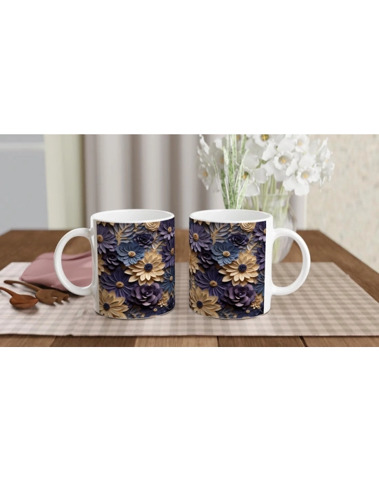 Mor ve Bej Katmanlı Çiçek Desenli Kupa Bardak