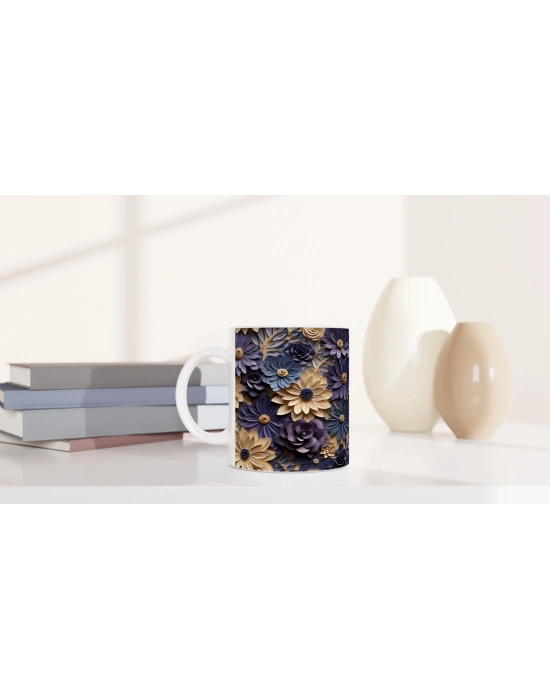 Mor ve Bej Katmanlı Çiçek Desenli Kupa Bardak