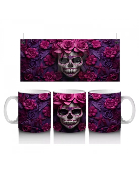 Mor ve Pembe Gül Bahçesinde Gotik Kafatası – Hediyelik Kahve Kupası