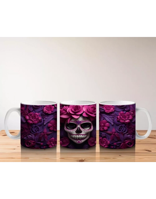 Mor ve Pembe Gül Bahçesinde Gotik Kafatası – Hediyelik Kahve Kupası