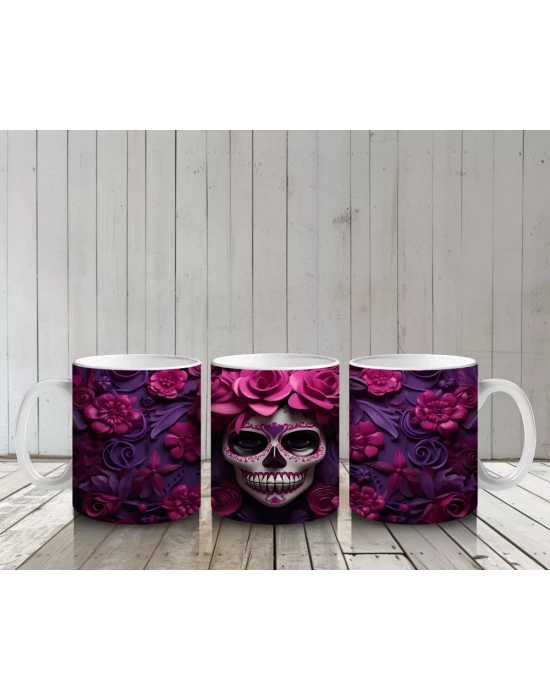 Mor ve Pembe Gül Bahçesinde Gotik Kafatası – Hediyelik Kahve Kupası