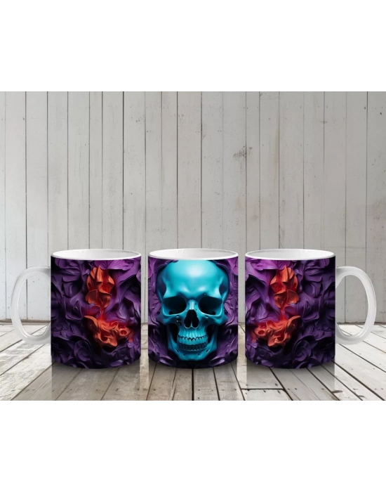 Mor ve Turuncu Duman İçinde Mavi Kafatası – Hediyelik Kahve Kupası