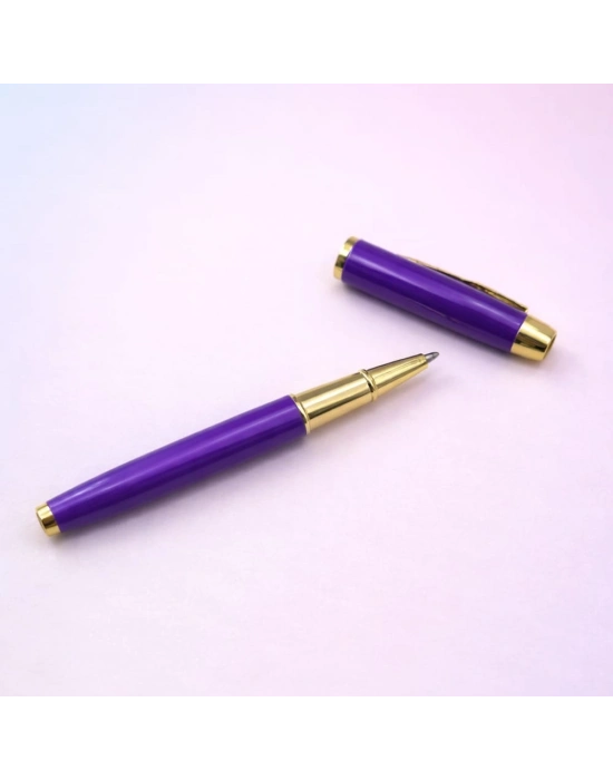 Mor Yaprak Desenli Deri Defter - Roller Metal Kalem - Özel Hediye Seti