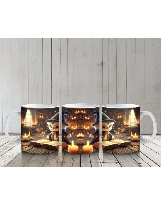 Mum Işığı ve Büyü Kitaplarıyla Gotik Cadı Masası Temalı Cadılar Bayramı Baskılı Kupa Bardak