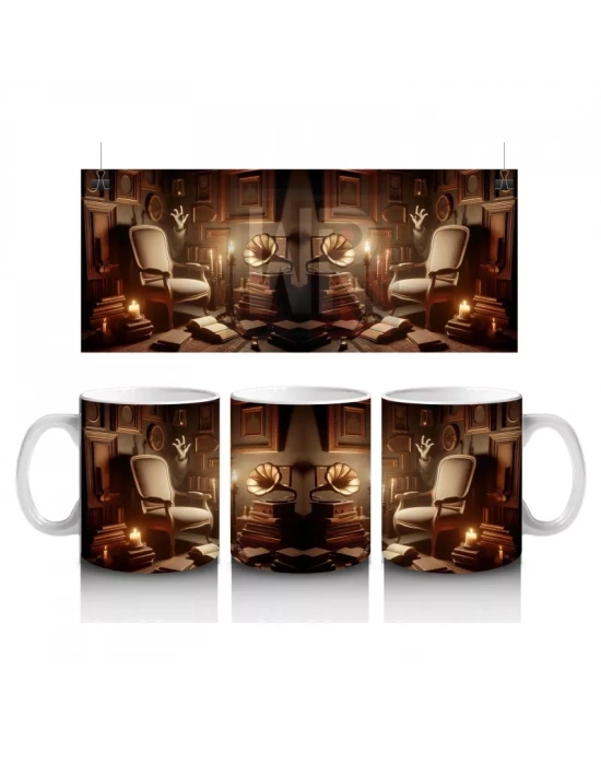 Mum Işığı ve Kitaplarla Gotik Cadı Masası Temalı Cadılar Bayramı Baskılı Kupa Bardak