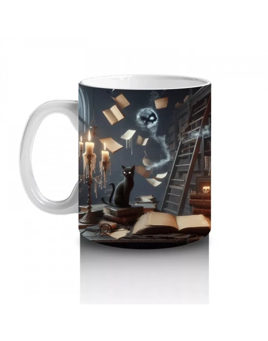 Mum Işığında Gotik Kitaplık ve Büyü Masası Temalı Cadılar Bayramı Baskılı Kupa Bardak