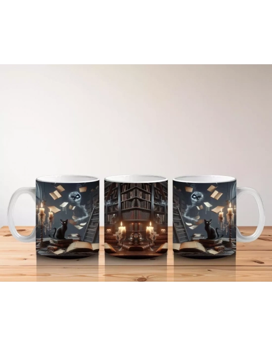 Mum Işığında Gotik Kitaplık ve Büyü Masası Temalı Cadılar Bayramı Baskılı Kupa Bardak