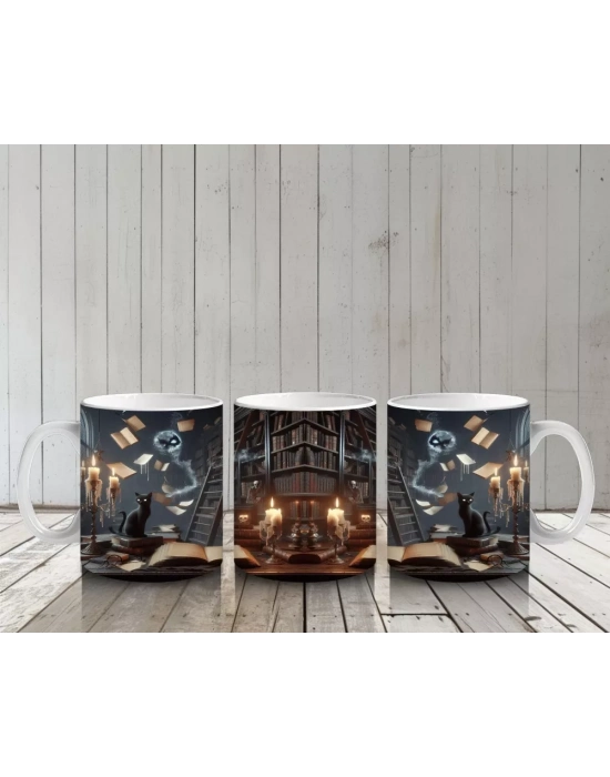 Mum Işığında Gotik Kitaplık ve Büyü Masası Temalı Cadılar Bayramı Baskılı Kupa Bardak
