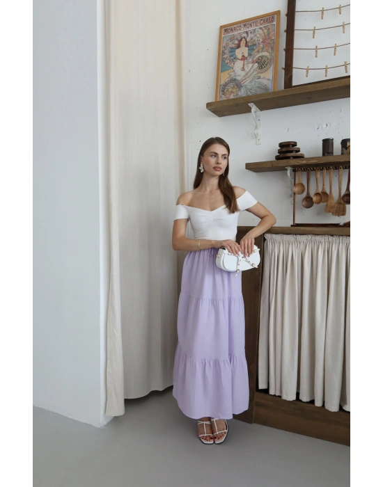 Müslin kumaş keten uzun etek lila pt