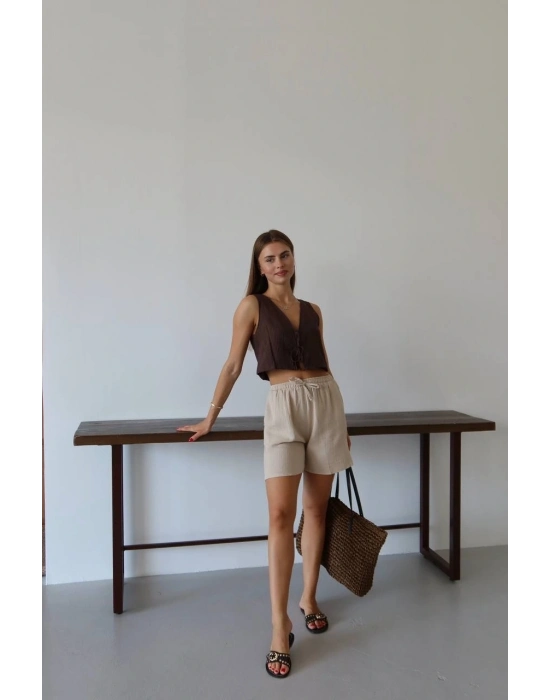 Müslin kumaş şort bağcıklı bej pt