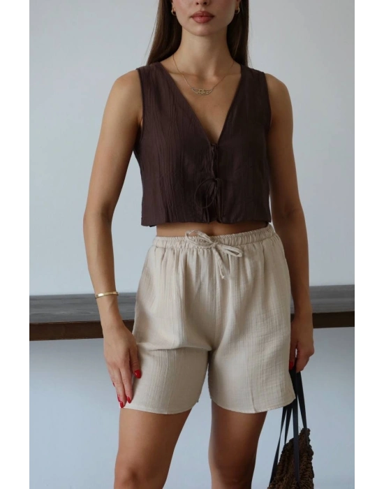 Müslin kumaş şort bağcıklı bej pt