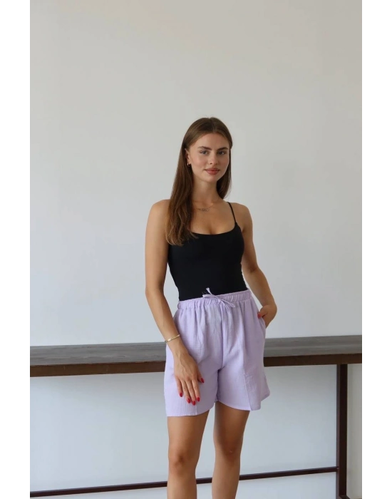 Müslin kumaş şort bağcıklı lila pt
