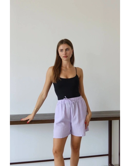 Müslin kumaş şort bağcıklı lila pt
