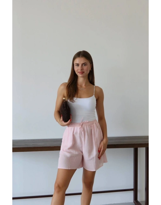 Müslin kumaş şort bağcıklı pembe pt